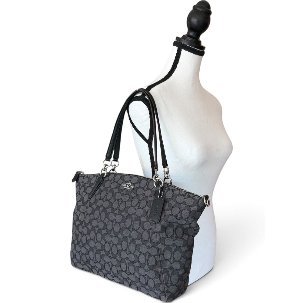 Coach Signature Canvas Tote Black Gray Zip Top Shoulder Bag Crossbody Strap - Picture 8 of 13